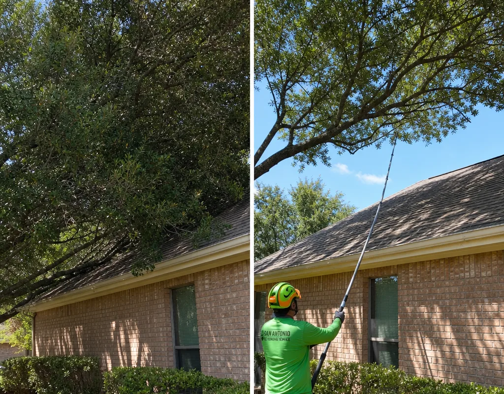 Before-and-after view of a San Antonio live oak showing improved roofline clearance and reduced end-weight while retaining a natural canopy
