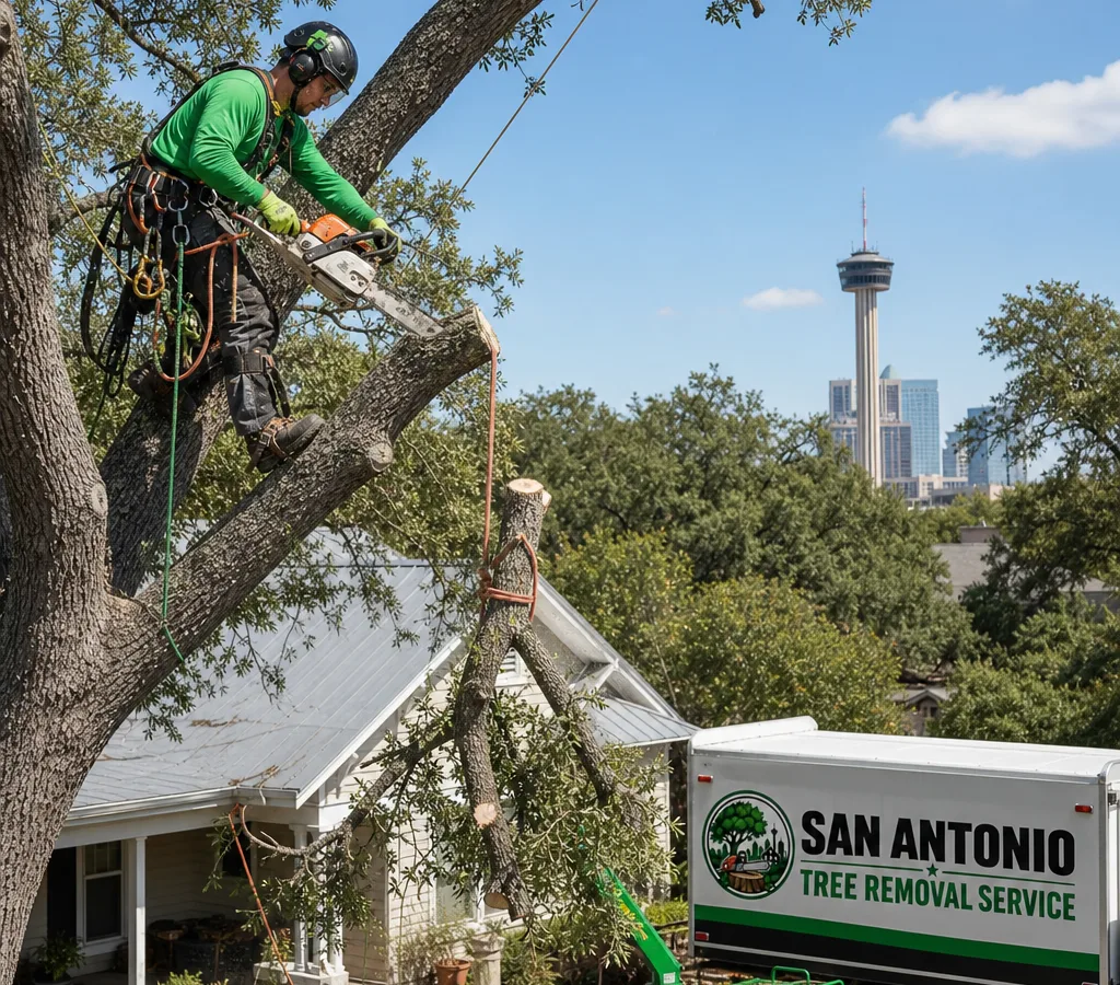 Crew member in PPE trimming a live oak canopy with rope-and-saddle equipment and controlled rigging over a San Antonio residential yard