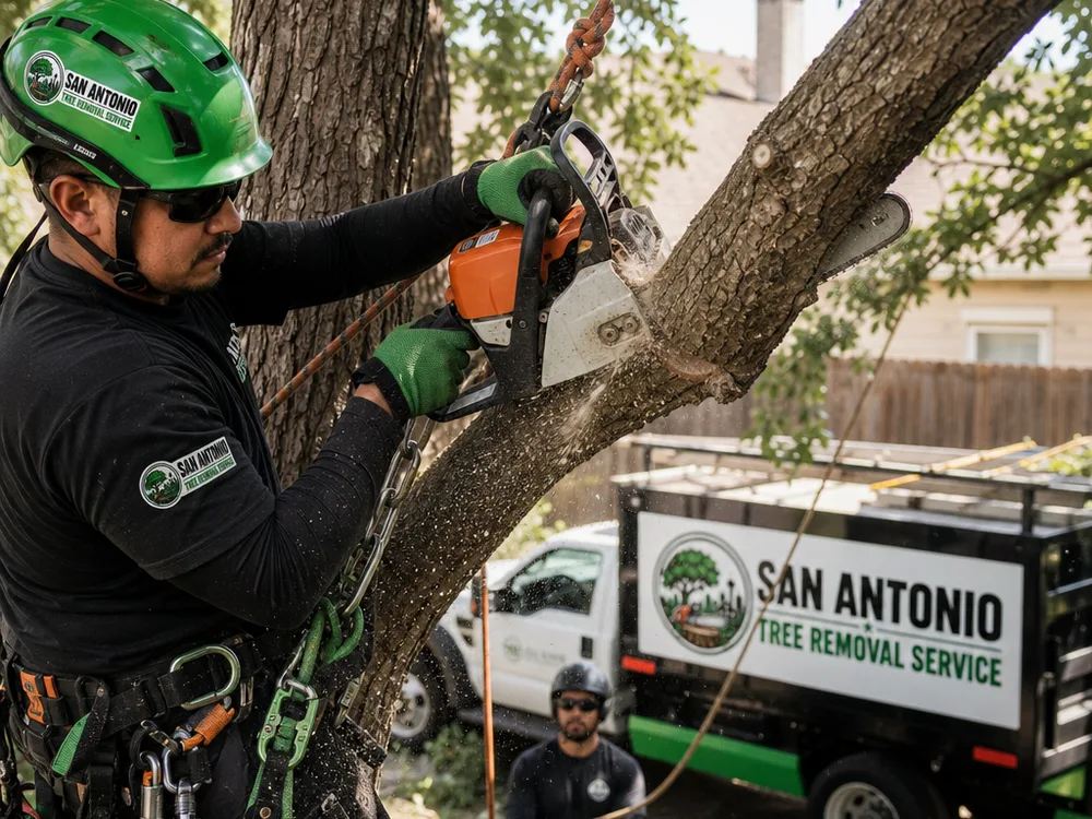 Arborist making a proper reduction cut at a lateral branch while a ground crew member manages the lowering line in a San Antonio yard