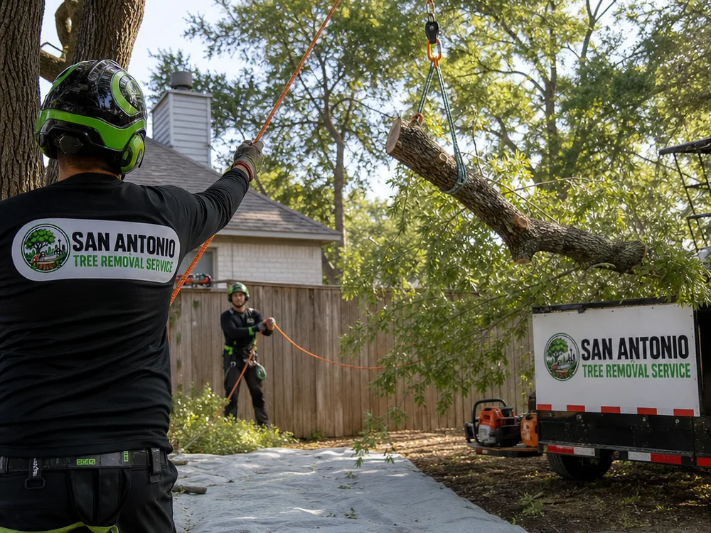 Ground crew lowering a large limb with rigging blocks and rope into a controlled drop zone away from a fence and patio