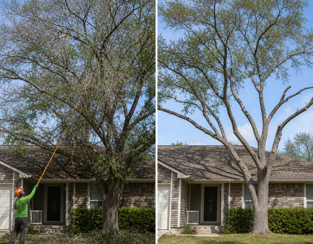 Before and after view showing overextended limbs above a roofline followed by a balanced crown with clearance maintained and deadwood removed
