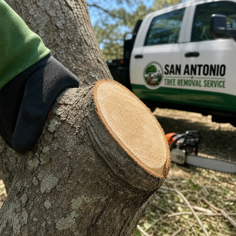 Close-up of a proper pruning cut just outside the branch collar on a medium limb with a clean saw finish and no flush cut