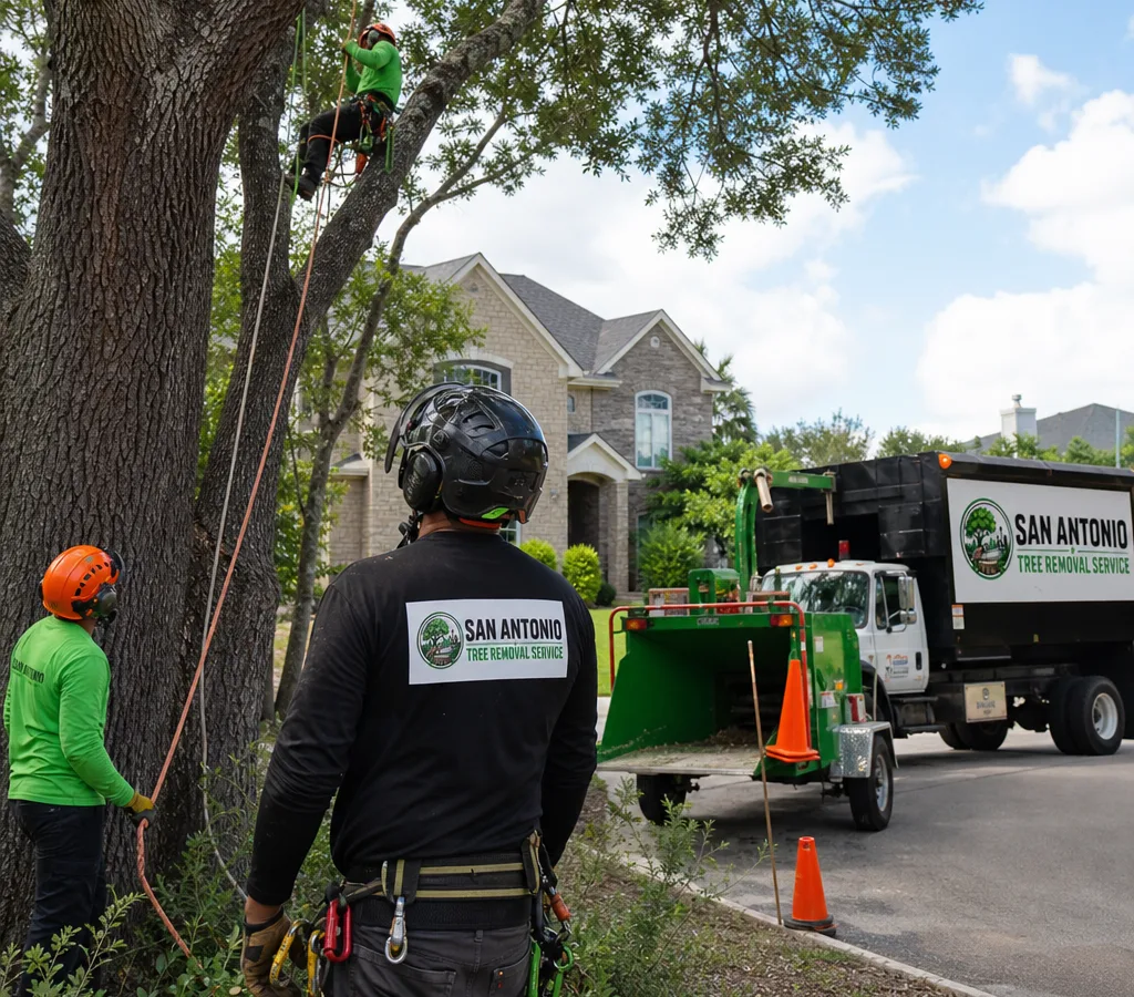Certified arborist crew in PPE assessing a mature tree near a San Antonio home with rigging lines staged and a chipper truck parked safely at the curb