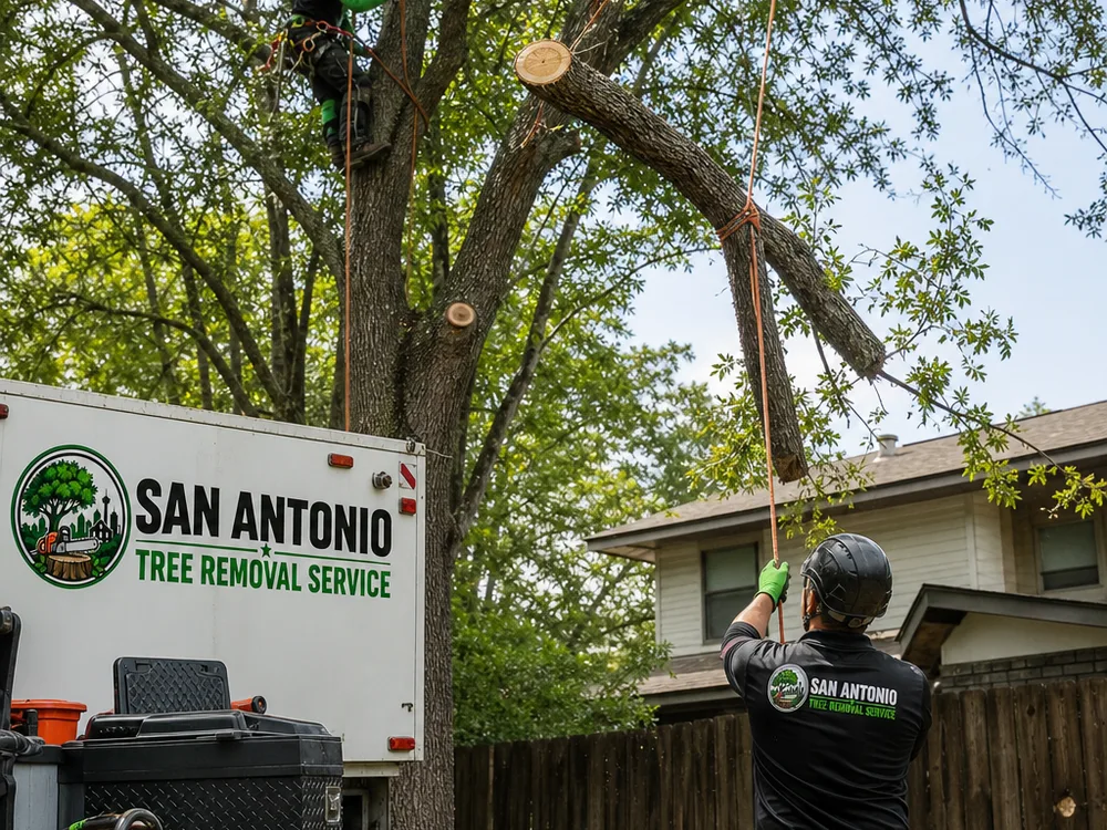 Arborist climber lowering a cut limb on a rigging line while a ground worker controls the rope near a house and fence in a tight drop zone