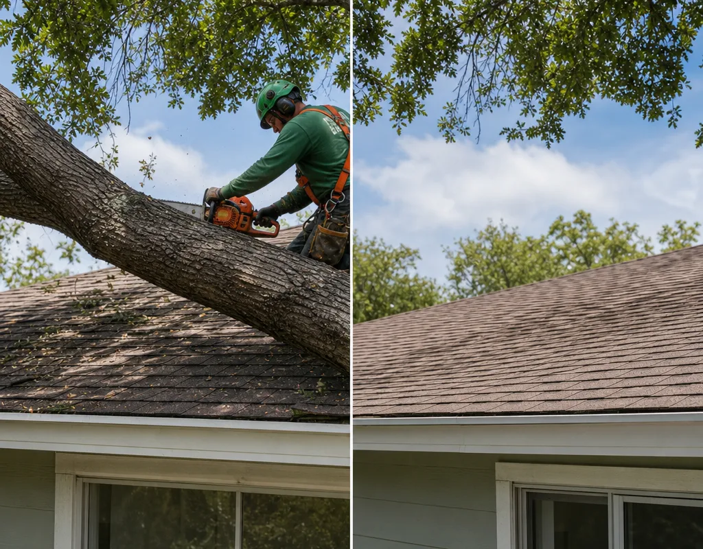 Before-and-after view of a large limb removed above a roofline with proper clearance and all debris removed