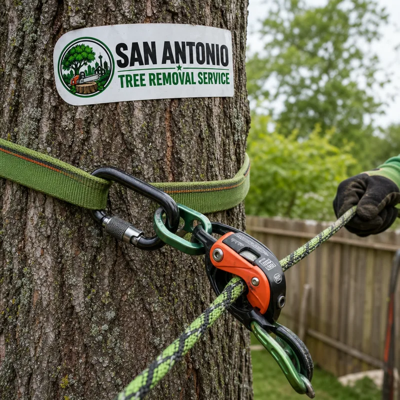 Close-up of a lowering rope and friction device controlling a tree limb near a fence