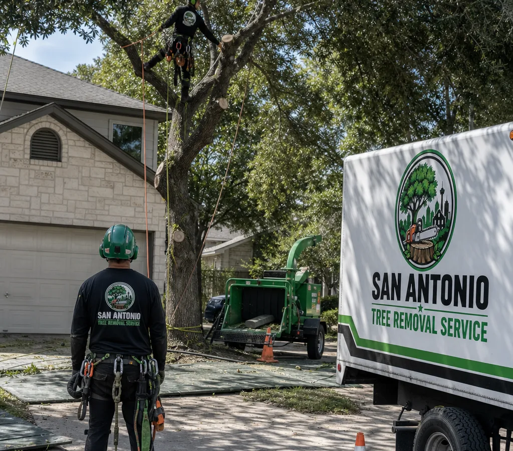 Crew in safety gear performing a controlled tree removal in a San Antonio residential yard with ropes, rigging, and a curbside chipper