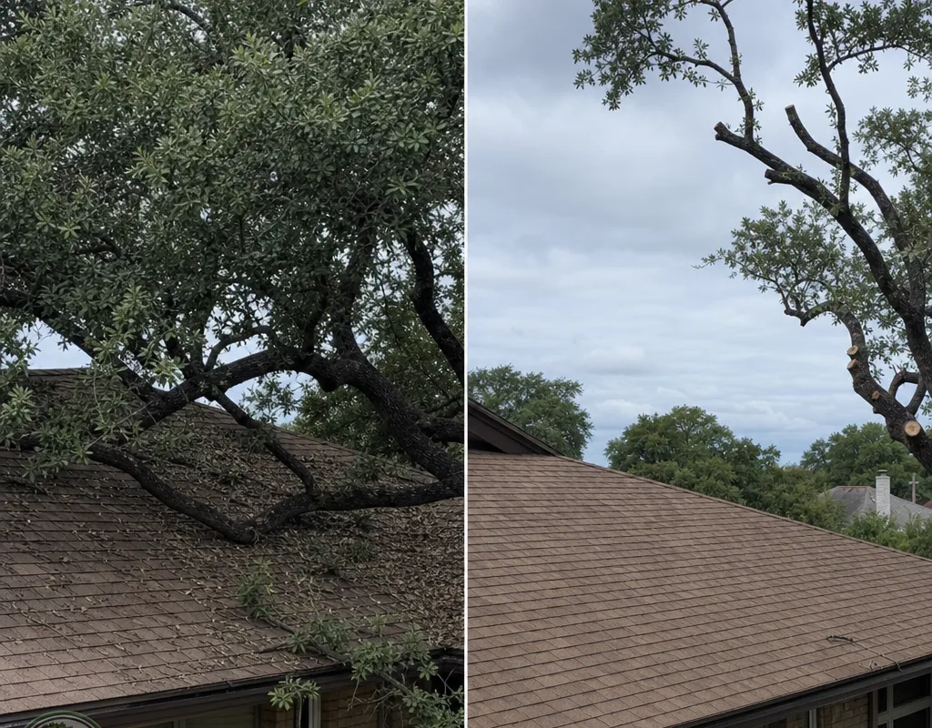 Before-and-after view of a tree with heavy roof overhang and the same canopy after selective cutting restores clearance