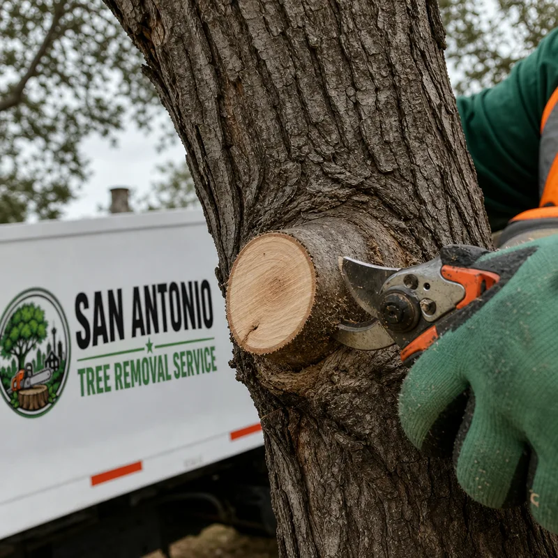 Close-up of a clean pruning cut placed correctly at the branch collar