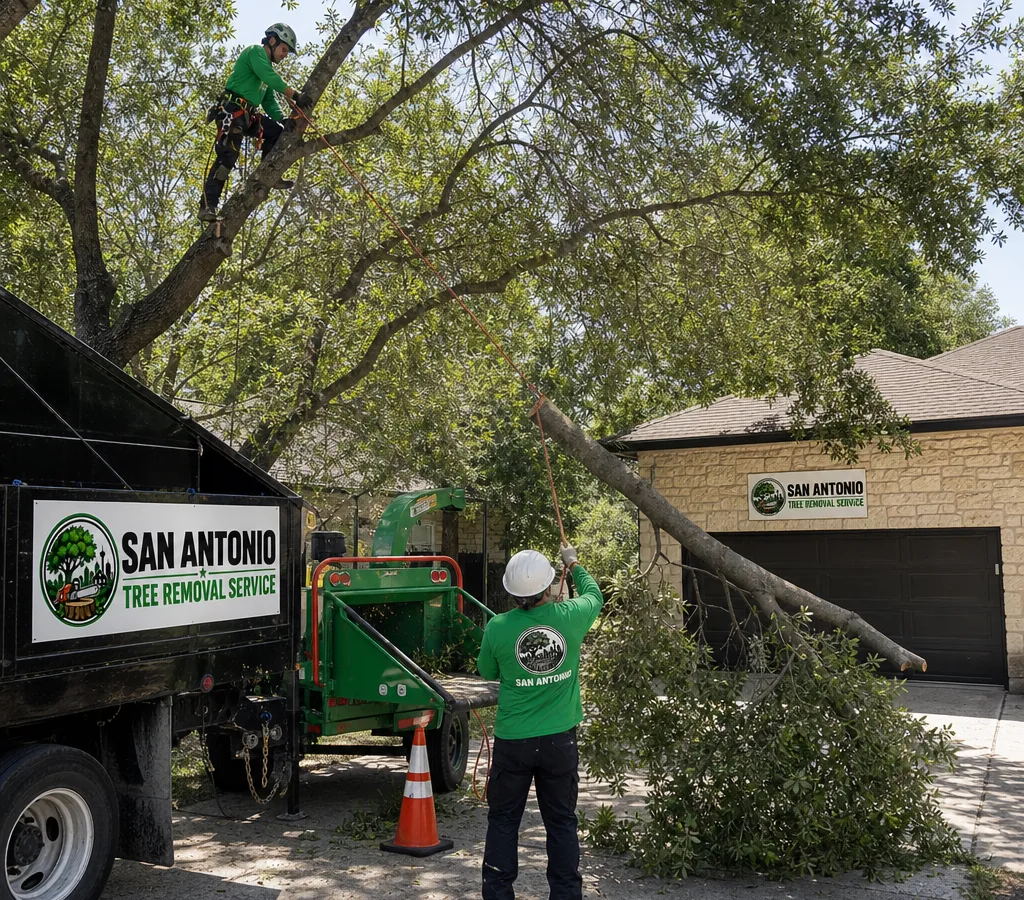 Crew performing controlled tree cutting with ropes and rigging in a San Antonio residential yard, with a chipper and safety cones visible