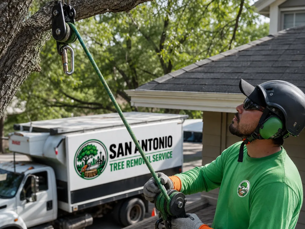 Arborist rigging setup with a rope and block while a ground worker manages friction near a house roofline