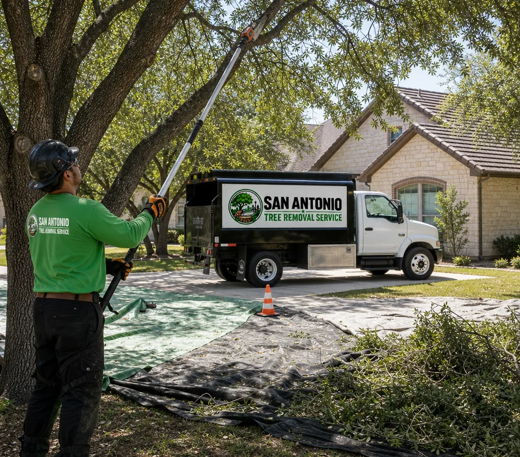 Crew member in PPE making a controlled pruning cut with a pole saw in a protected San Antonio front yard