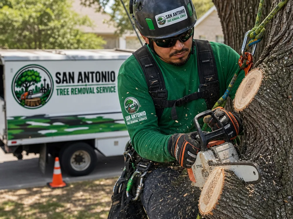 Proper pruning cut at the branch collar with a tidy work zone and rigging line in the background