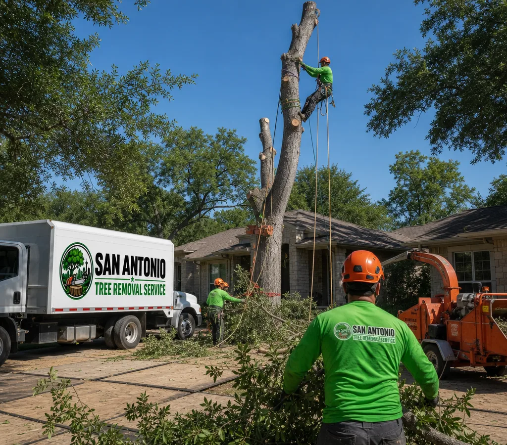 Crew performing a controlled sectional tree removal in a residential San Antonio yard with rigging lines, a staged chipper, and ground protection mats