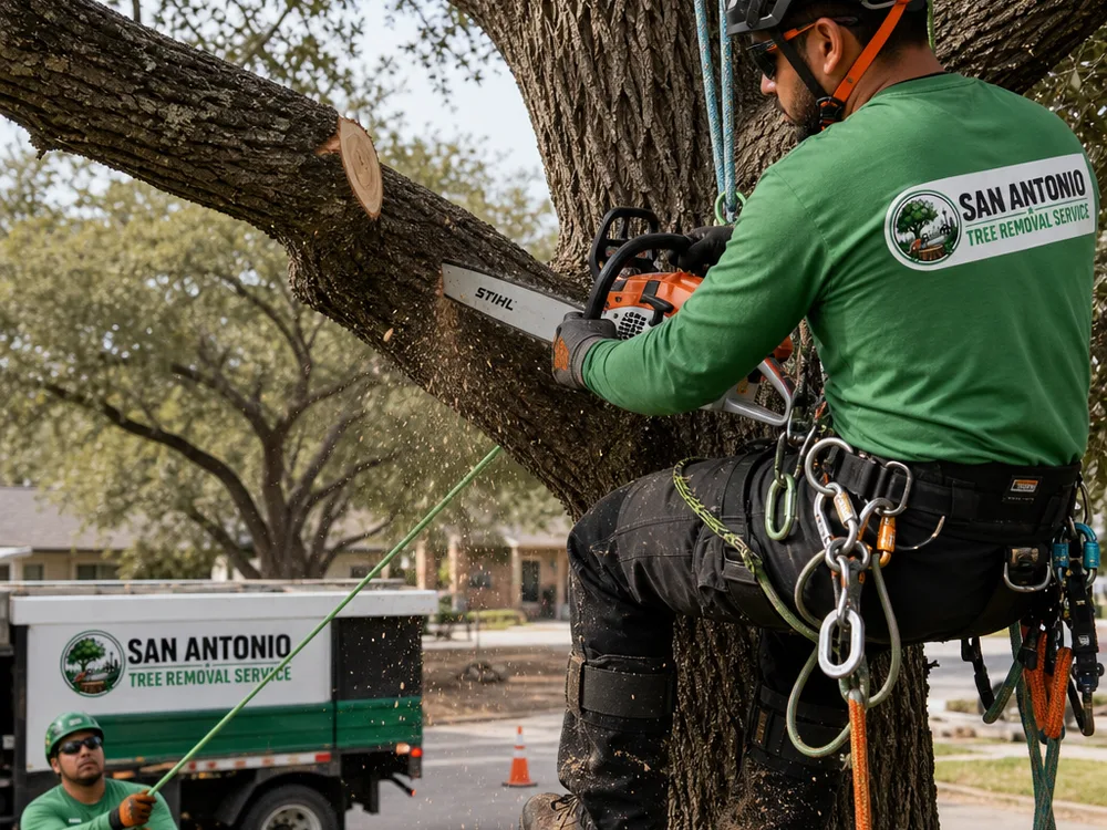 Climber secured with a harness and rope making a precise limb cut while a ground worker manages the rigging line