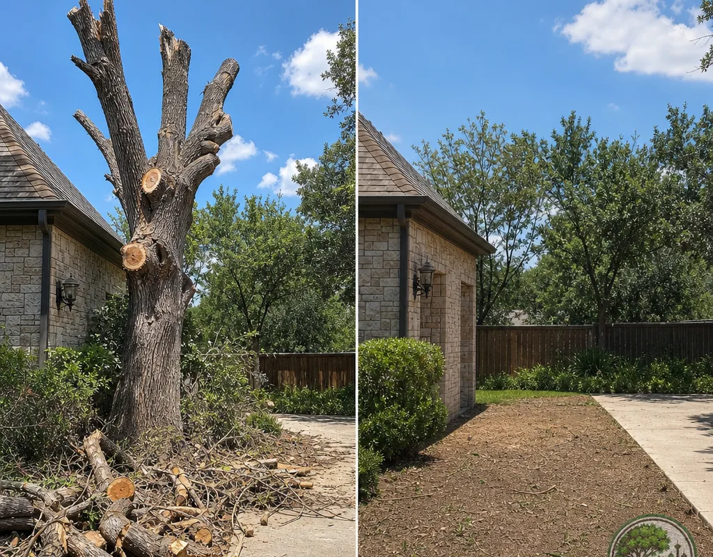 Before-and-after view of a dead or storm-damaged tree beside a driveway and the same area after removal and cleanup
