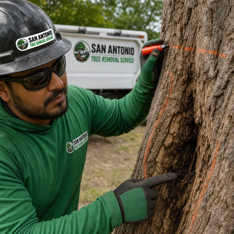 Arborist pointing out a visible trunk crack and decay pocket while marking a safe tree removal cut plan