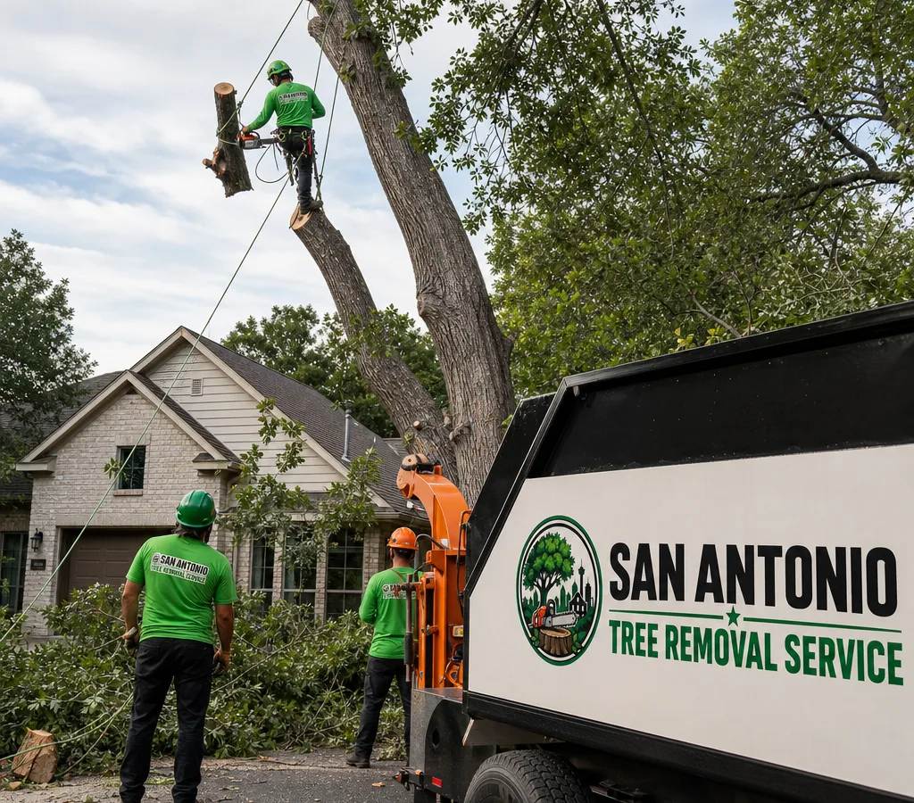 Crew in PPE performing a controlled sectional tree removal beside a San Antonio home with rigging lines and a chipper staged for cleanup