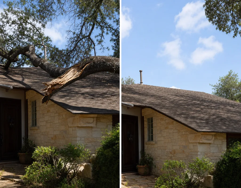Before and after view of a cracked limb removed from above a roof with the canopy balanced and roofline clear