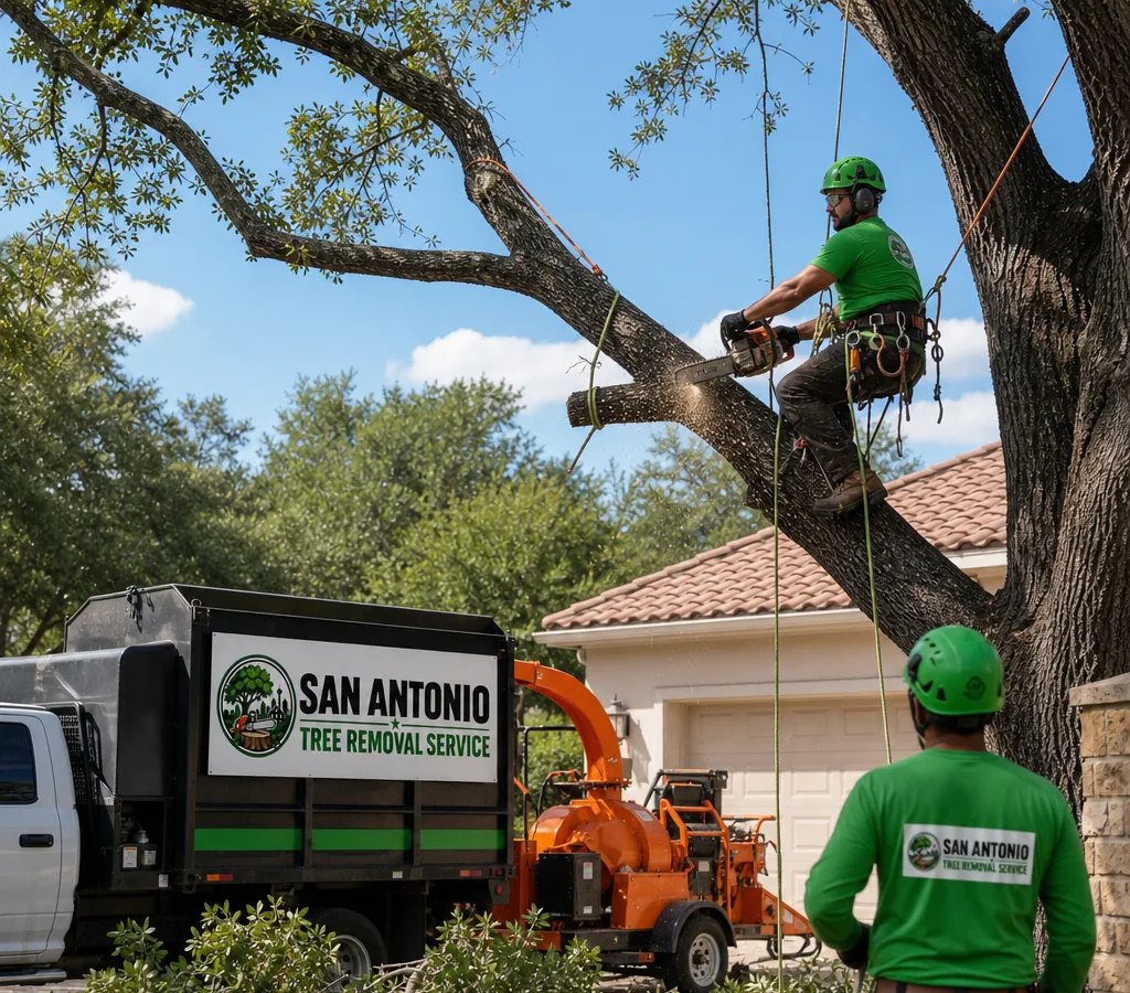 Arborist crew in protective equipment performing controlled limb removal with ropes near a San Antonio home