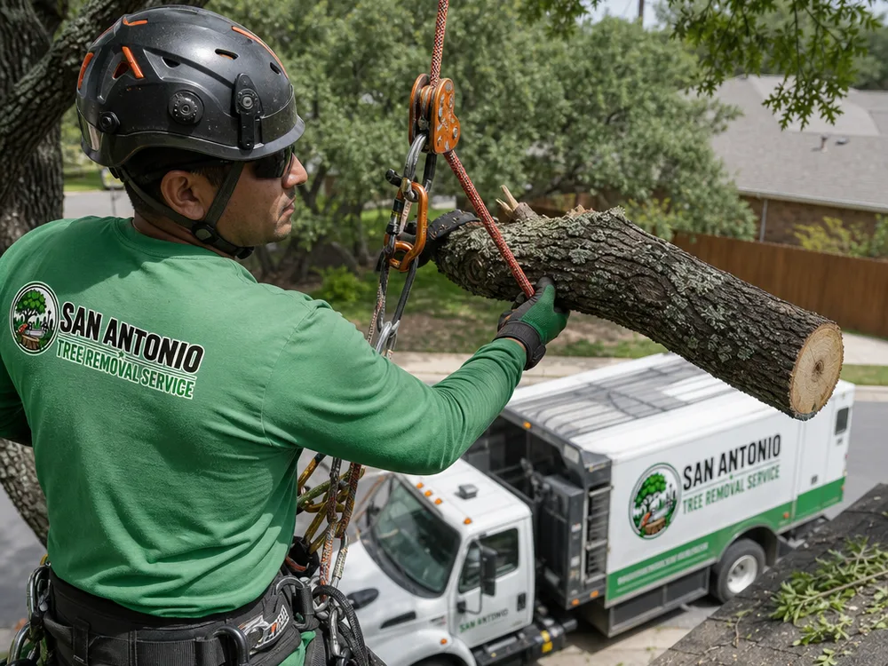 Rigging rope and friction device guiding a tree limb safely away from a roof edge