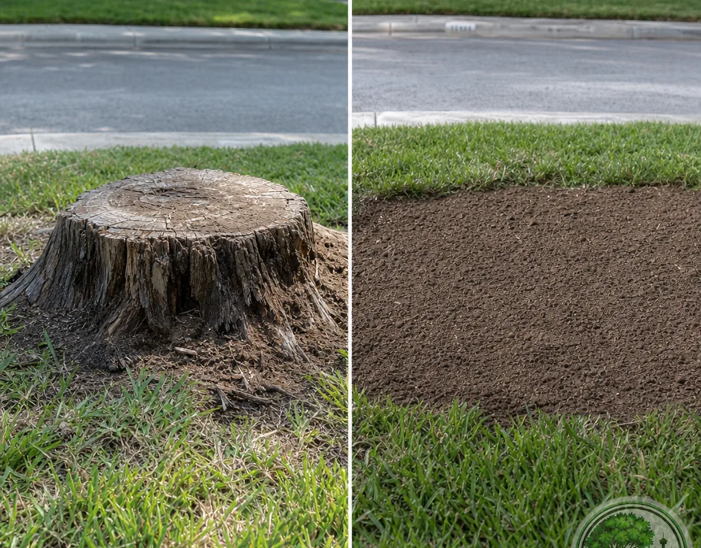 Split-frame before and after of a front-yard stump in a lawn, showing the stump in grass followed by a level area ready for topsoil and sod