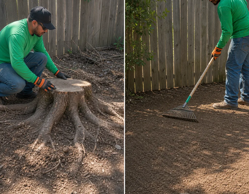 Split-frame before and after of a backyard stump near a fence, showing the stump and surface roots followed by an area ground below grade and raked smooth