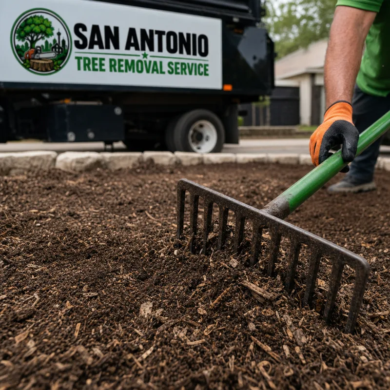 Close-up of wood chips and soil mixed after grinding, with a rake showing texture and depth below grade