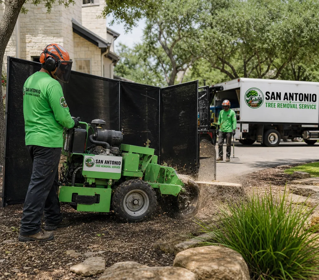Crew operating a stump grinder in a San Antonio residential front yard with protective screens in place and a clean work zone