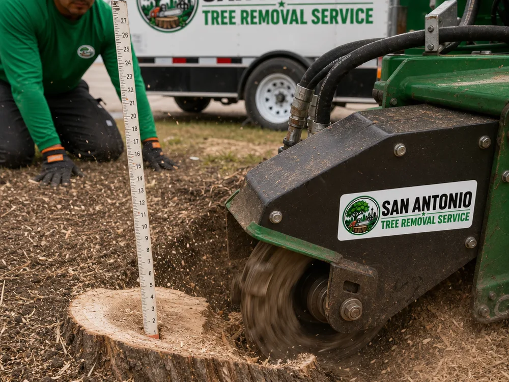 Close-up of a stump grinder cutting below grade with visible wood chips and a measuring stick showing intended finished depth