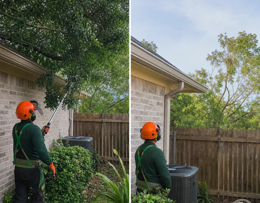 Before-and-after view of a backyard where an overhanging limb was removed and the canopy was thinned away from a roofline, showing improved clearance