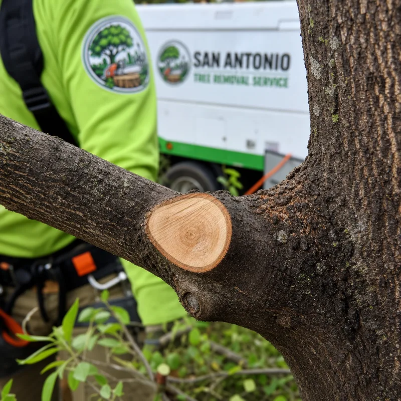 Close-up of proper pruning cuts at a branch collar on a medium limb, illustrating clean technique without tearing bark