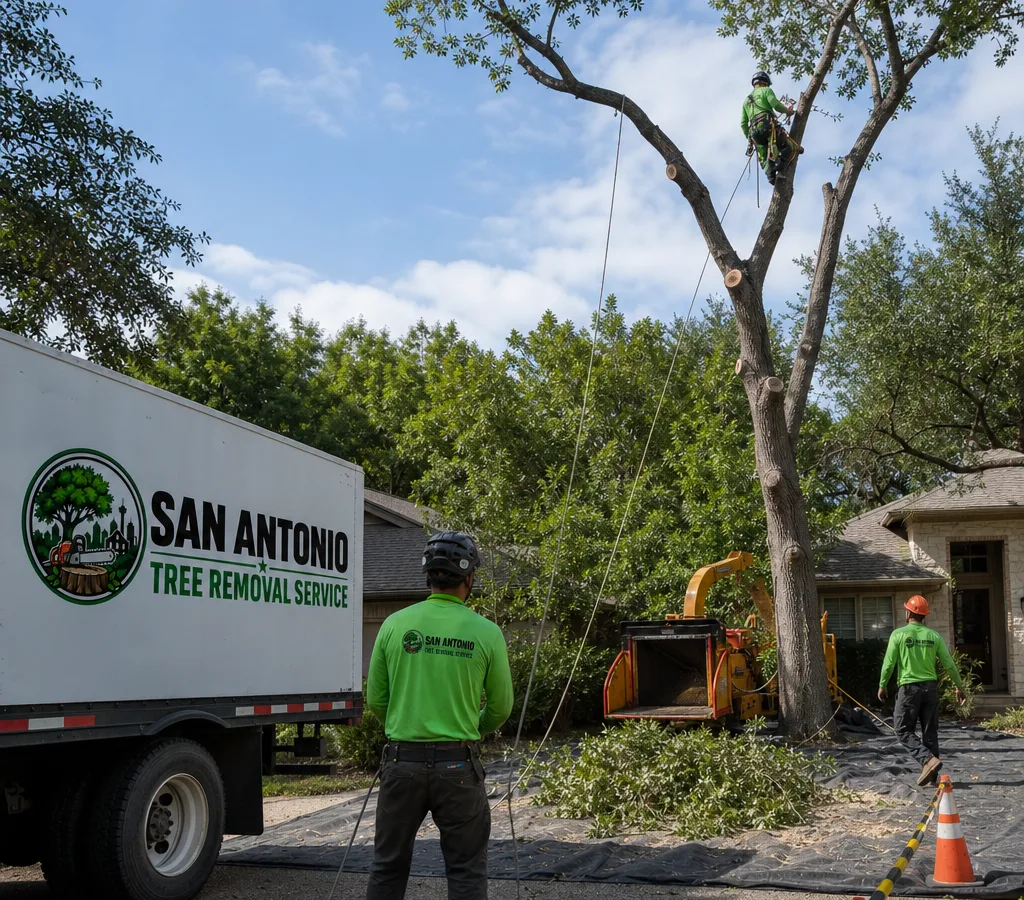 Crew working a controlled tree removal in a San Antonio residential yard with rigging lines, chipper, and debris protection on the lawn and driveway