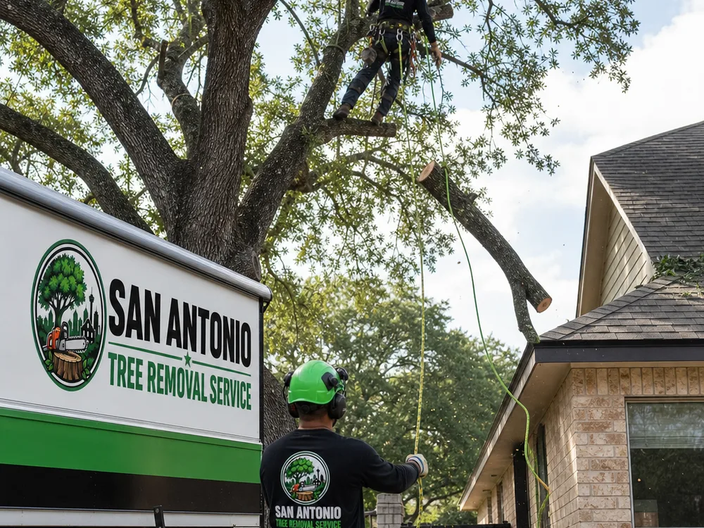 Arborist performing canopy pruning with a rope-and-harness system while ground crew manages rigging and controls a limb being lowered away from a roof