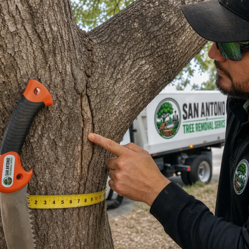 Arborist pointing out an included bark union and crack line on a large limb with a pruning saw and measuring tape visible for scale