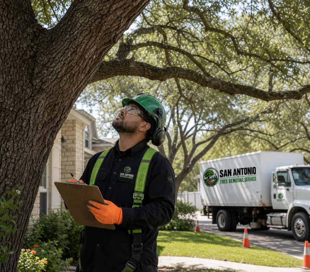 Certified arborist in PPE inspecting a mature live oak in a San Antonio front yard and taking notes while a work truck and safety cones stand nearby