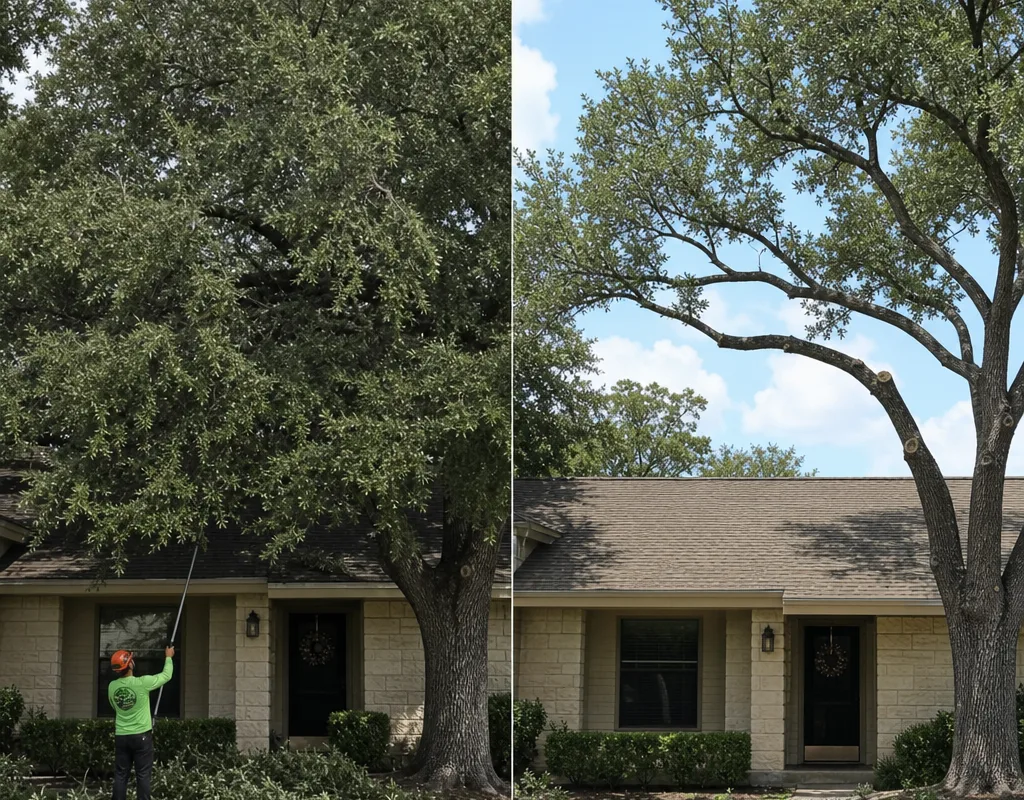 Before and after of a front-yard oak showing proper roof clearance, balanced canopy shaping, and deadwood removal