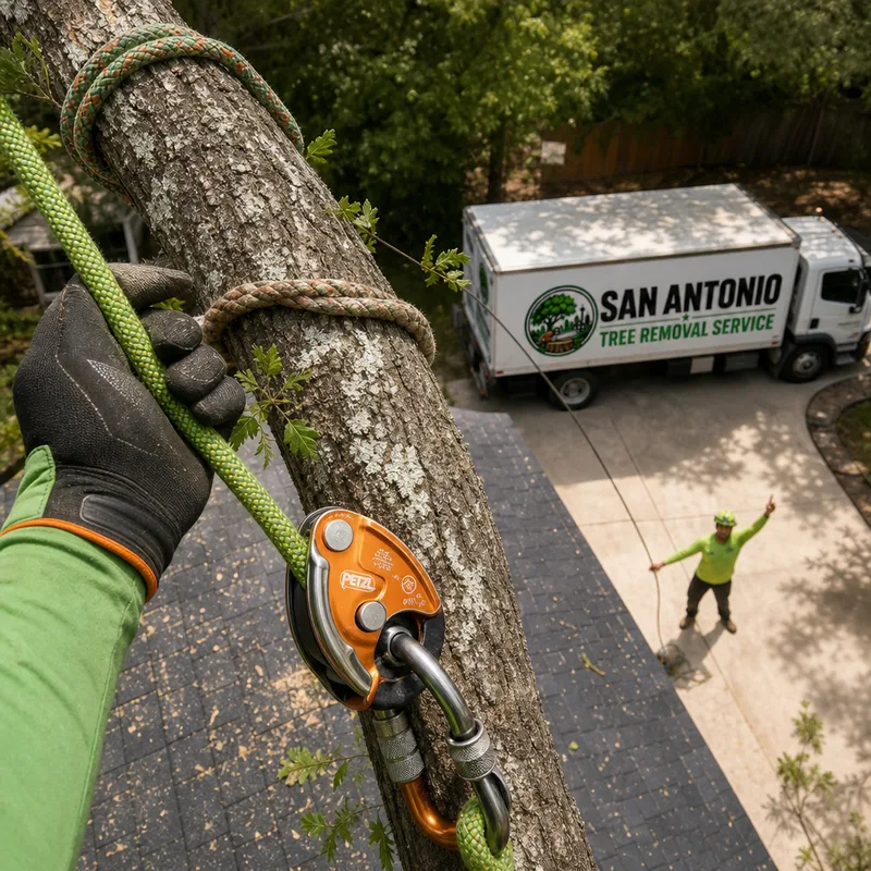 Close-up of a rigging setup on a large limb with controlled lowering over a roofline and a ground spotter maintaining a clear drop zone
