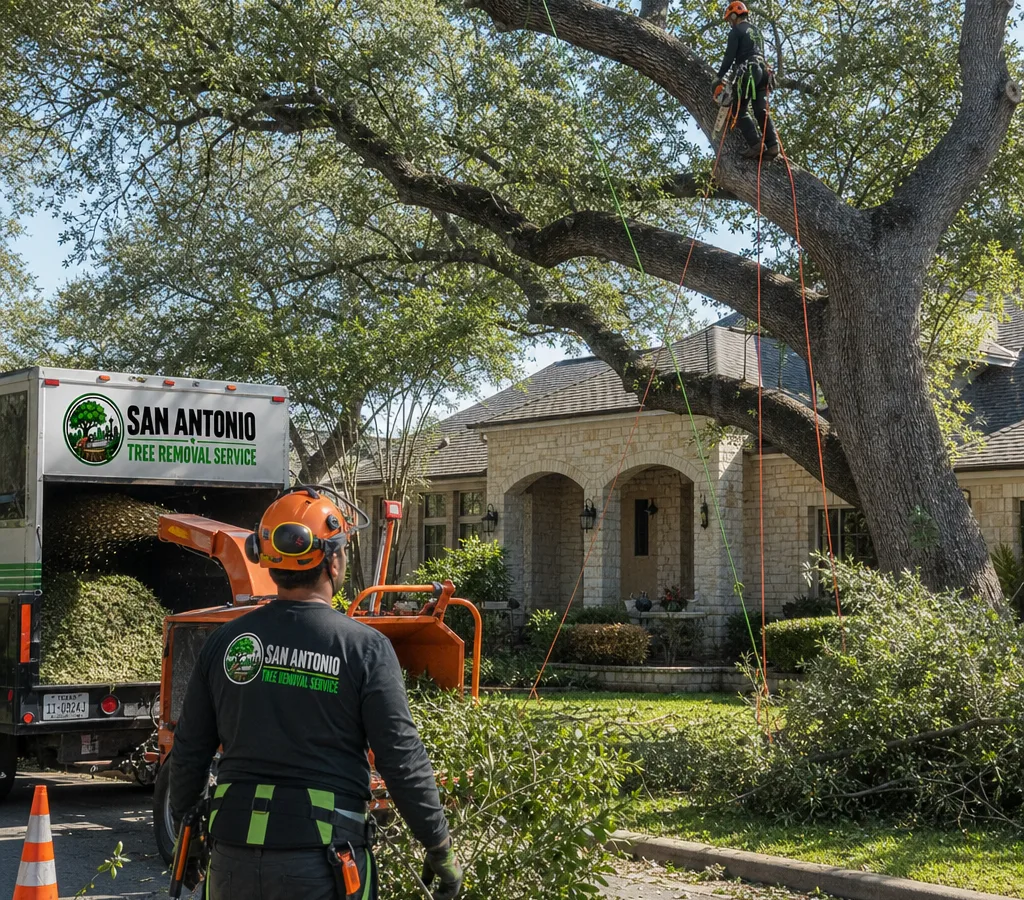 Arborist crew in PPE trimming a mature shade tree in a San Antonio front yard with ropes and a chipper staged safely at the curb