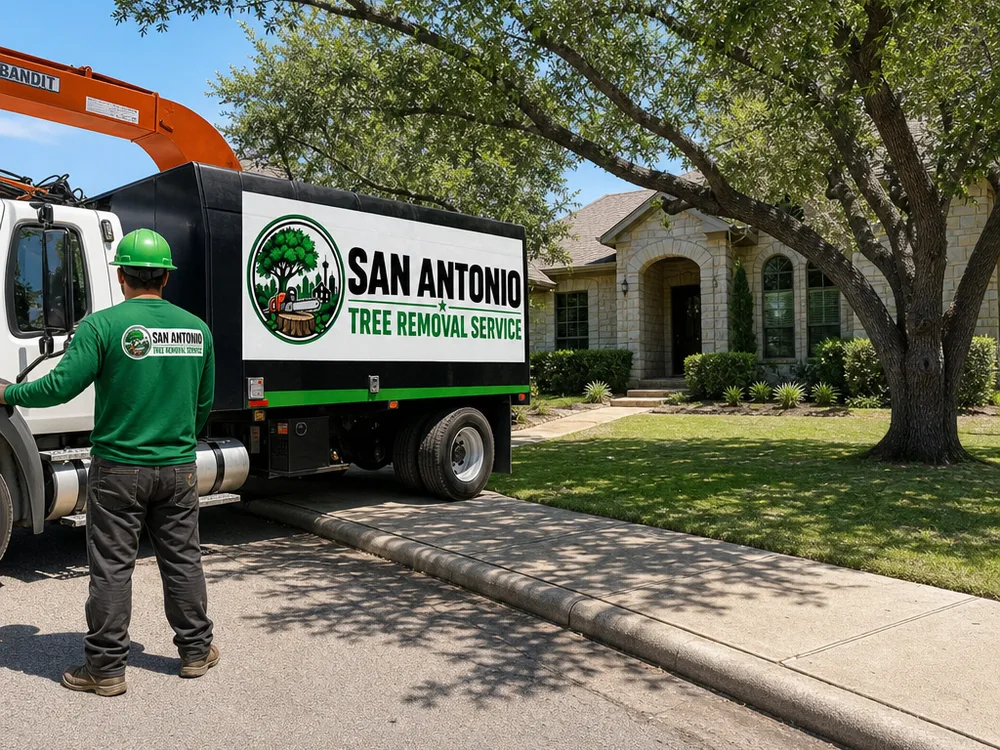 Clean tree care jobsite after completion with chips removed, limbs hauled, yard raked, and sidewalk cleared
