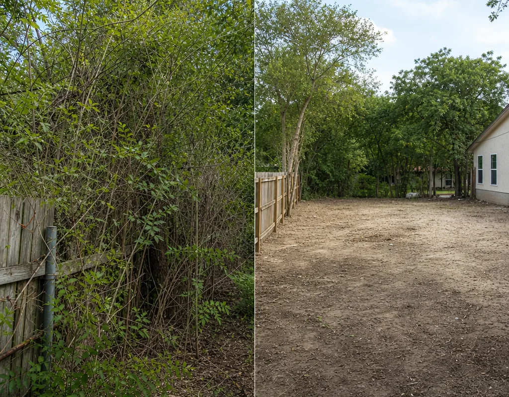 Before-and-after view of an overgrown San Antonio lot cleared to create a defined open area with debris removed