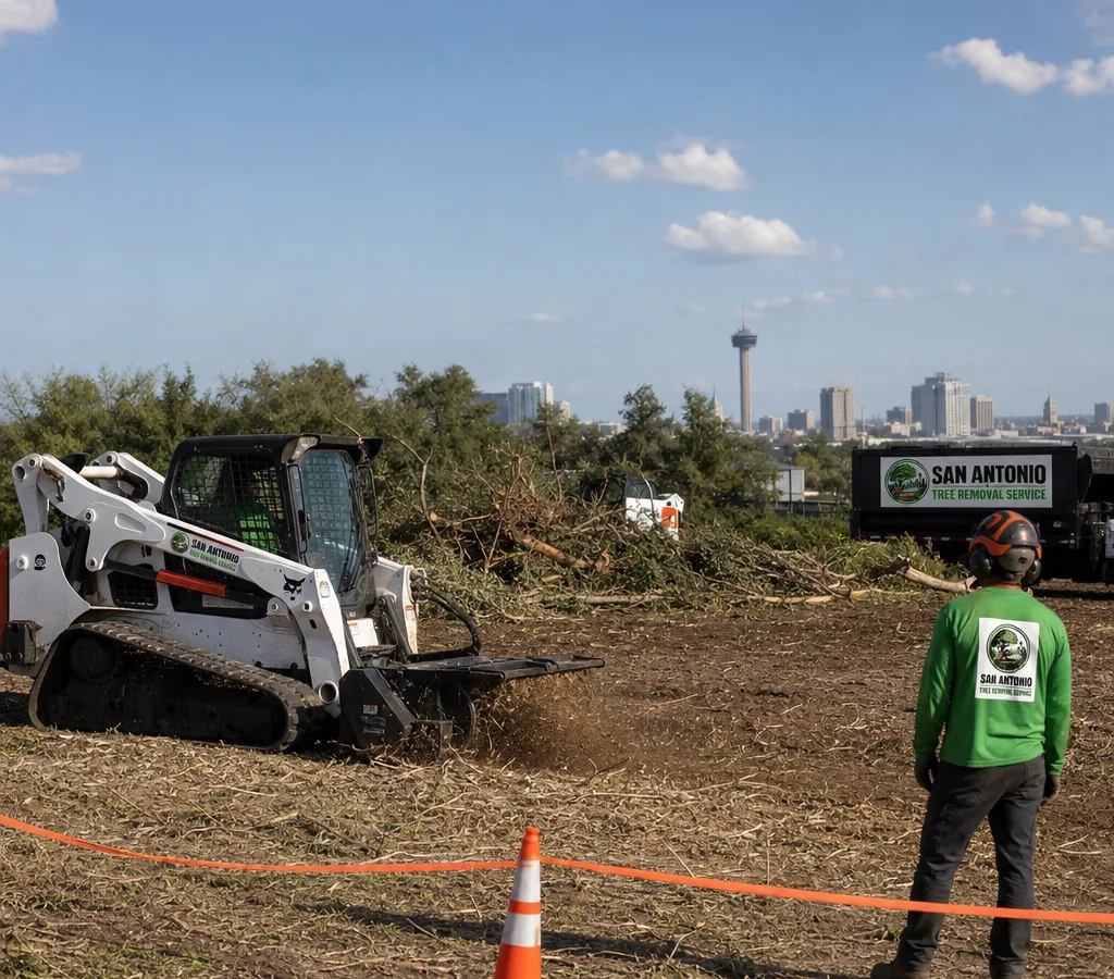 Wide view of a San Antonio-area lot being cleared with a skid steer and mulcher, with brush piles staged for haul-off and a defined safe work zone