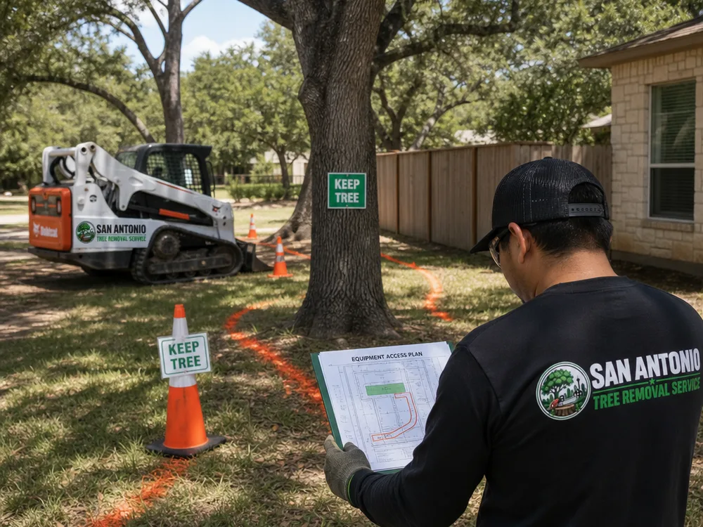 Equipment access planning on a San Antonio property with marked keep trees, a defined entry route, and a skid steer positioned away from a home and fence