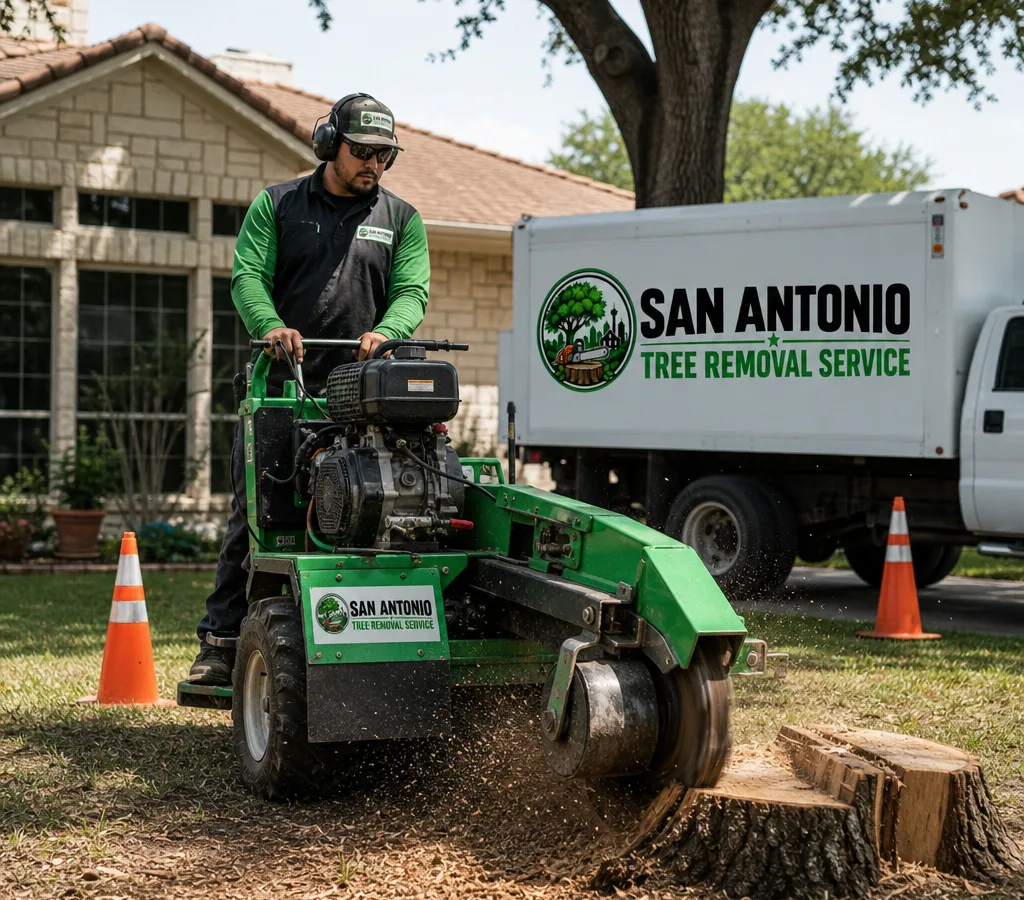 Crew operating a stump grinder in a San Antonio residential front yard with controlled debris, safety cones, and a clean work area