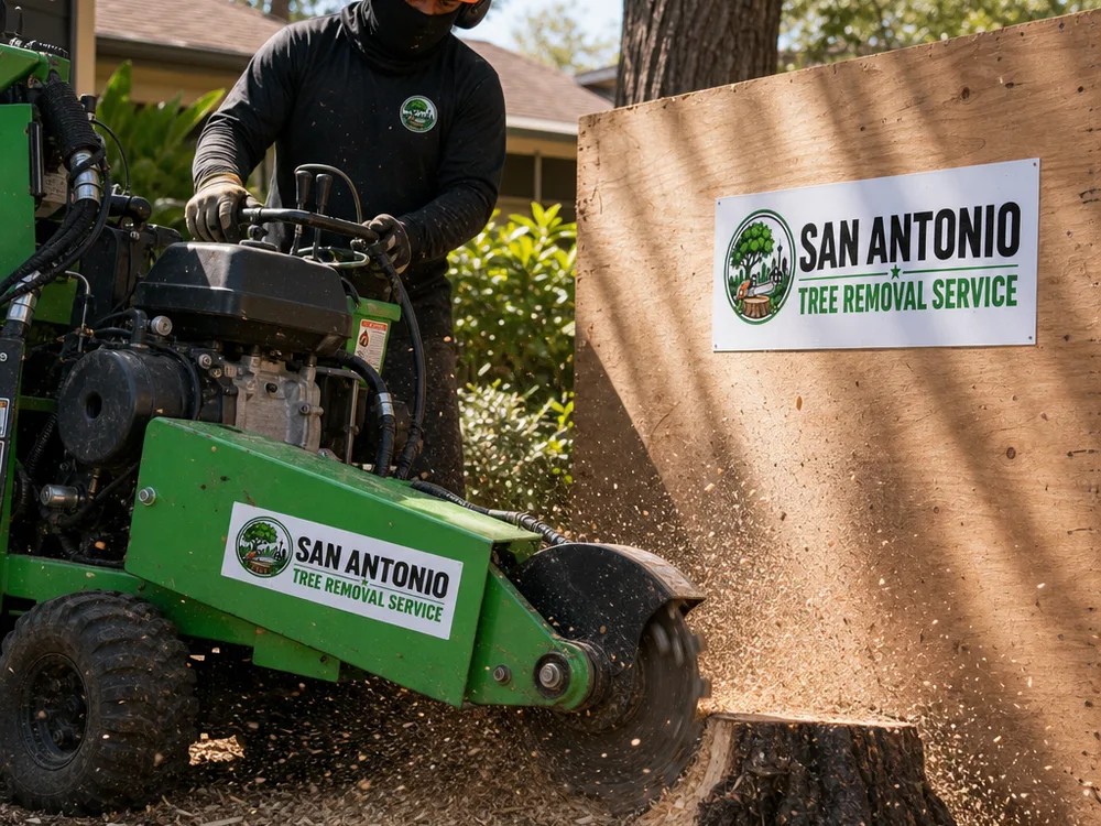 Stump grinding in progress with a protective barrier shielding nearby landscaping, controlled chip spray, and an operator wearing PPE